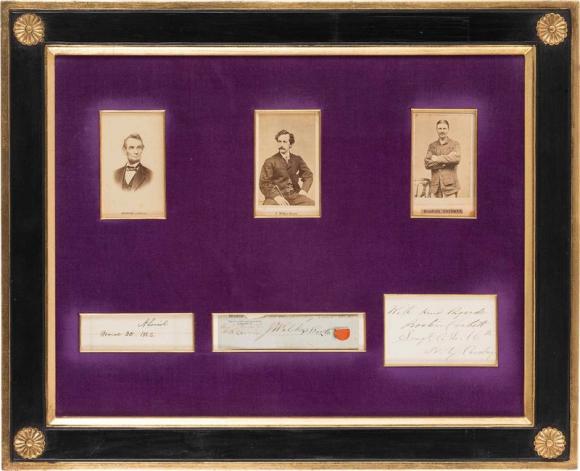 Handout photo of a frame with six windows that contain Carte-de-Visites and autographs of Abraham Lincoln, John Wilkes Booth and Boston Corbett