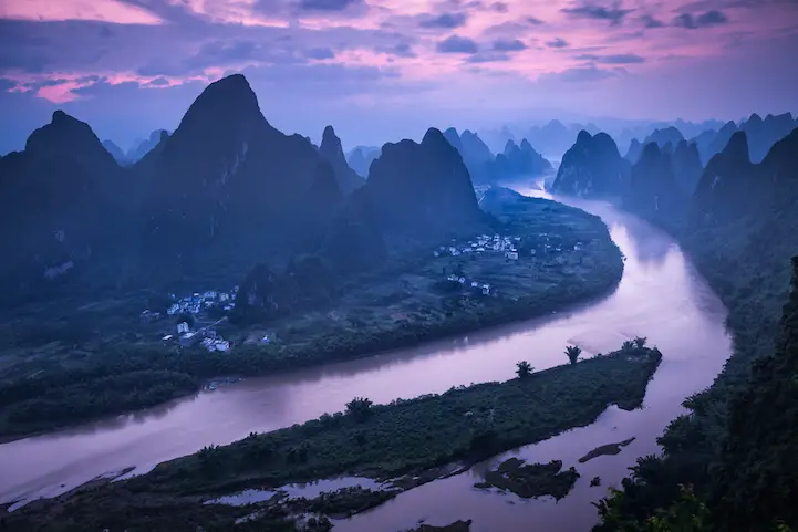 Pink and blue colors overlooking the Li River from Xiang Gong Shan