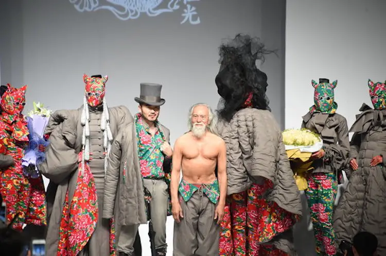 "79-year-old Chinese actor Wang Deshun, topless, displays a new creation by Chinese fashion designer Sheguang Hu at the Sheguang Hu fashion show during the China Fashion Week Fall/Winter 2015 in Beijing, China, 25 March 2015."
